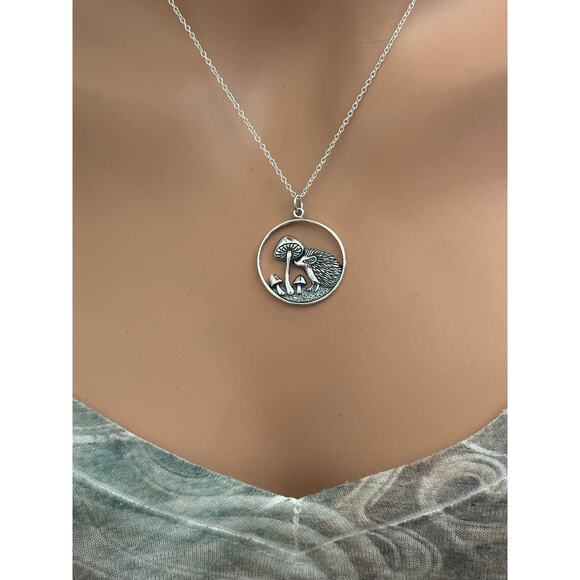 Sterling Silver Hedgehog and Mushroom Necklace, Hedgehog Mushroom Necklace - Picture 1 of 5